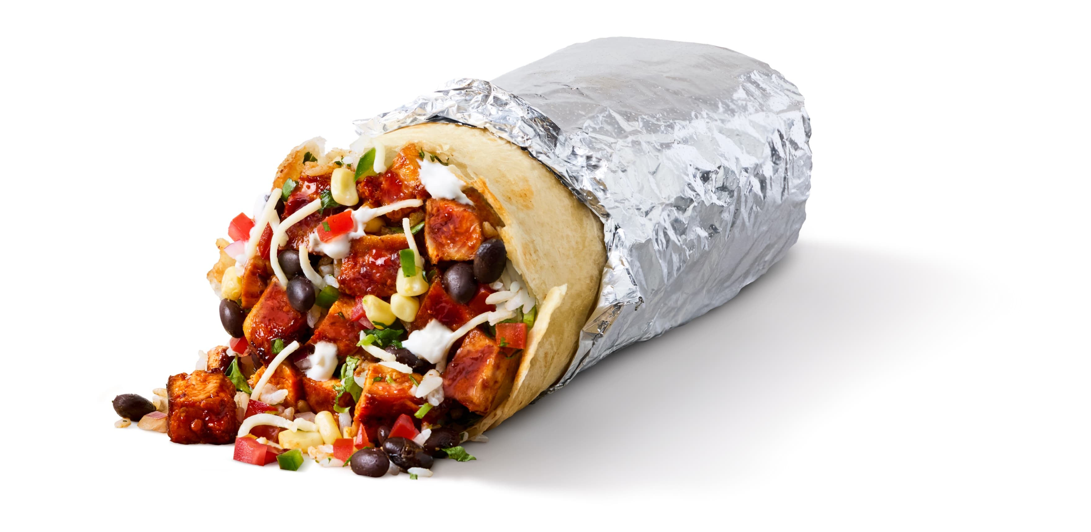 A foil-wrapped Chipotle chicken burrito, partly unwrapped to show the rice, beans, salsa and grilled chicken inside.